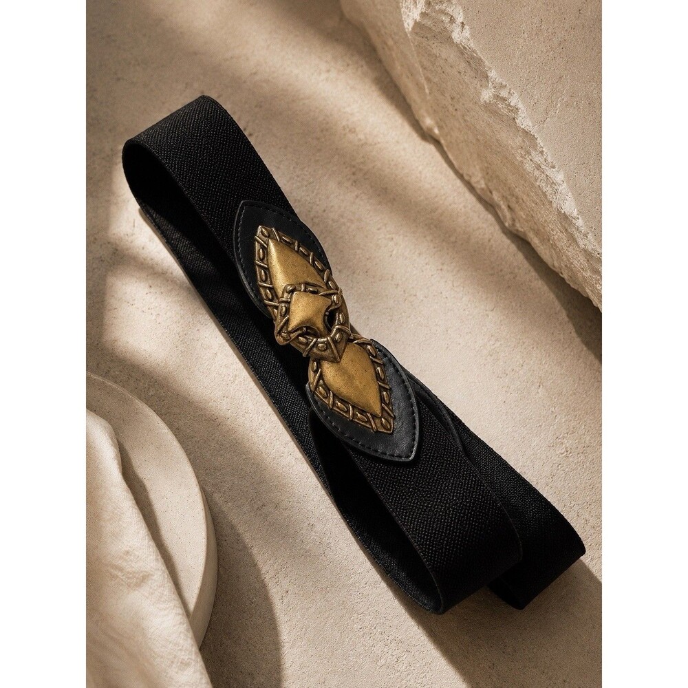 Vtg Omega & Day Lor Stretch Belt Bundle Black Elastic Gold Tone Statement Buckle - Picture 3 of 16
